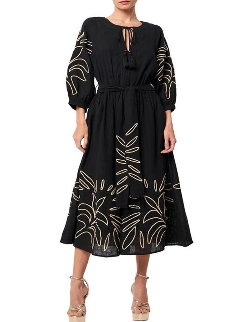 Ciebon Black Cotton Embroidered Midi Dress Size S